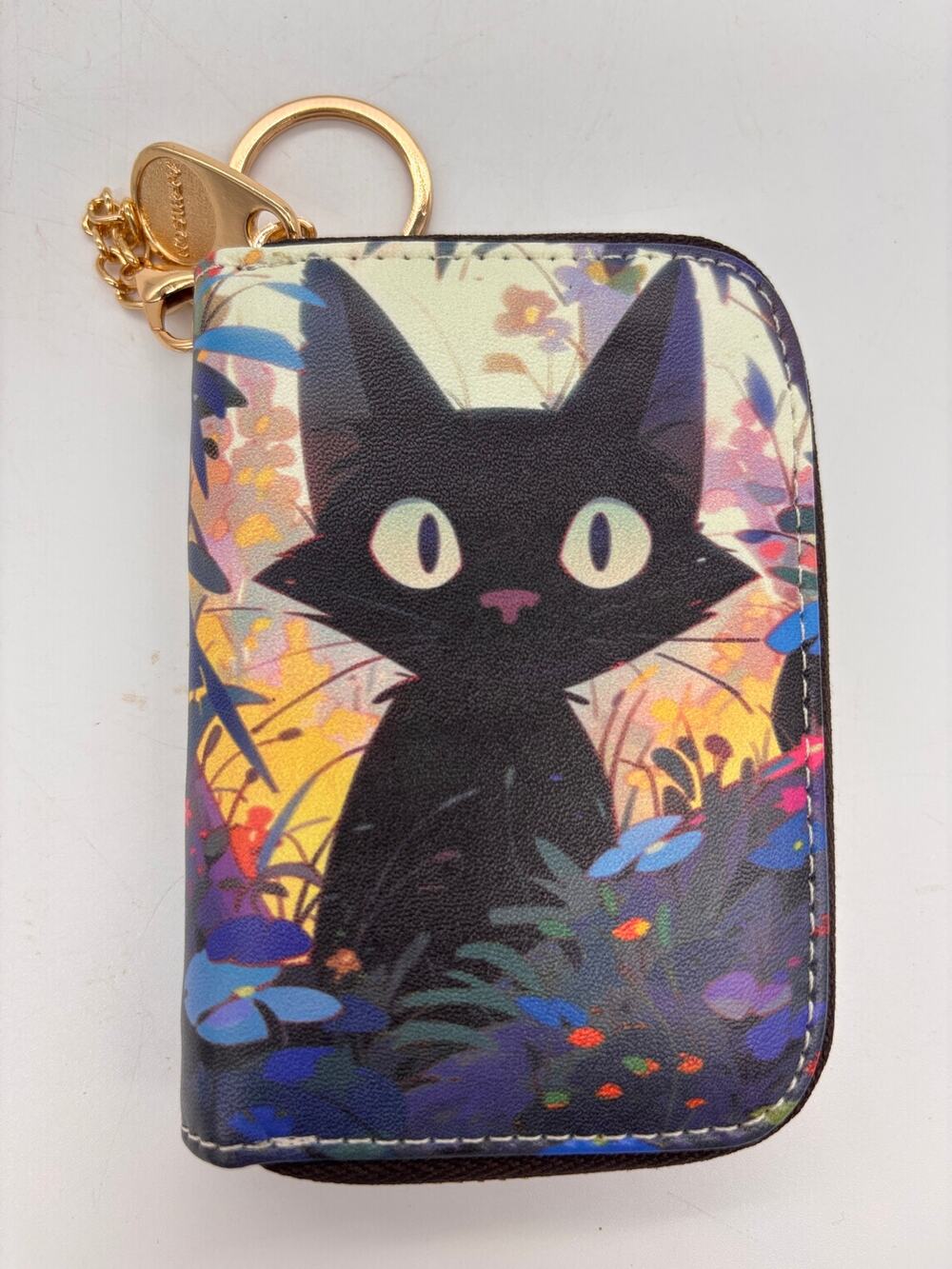 Aphison black cat and floral card wallet with key chain